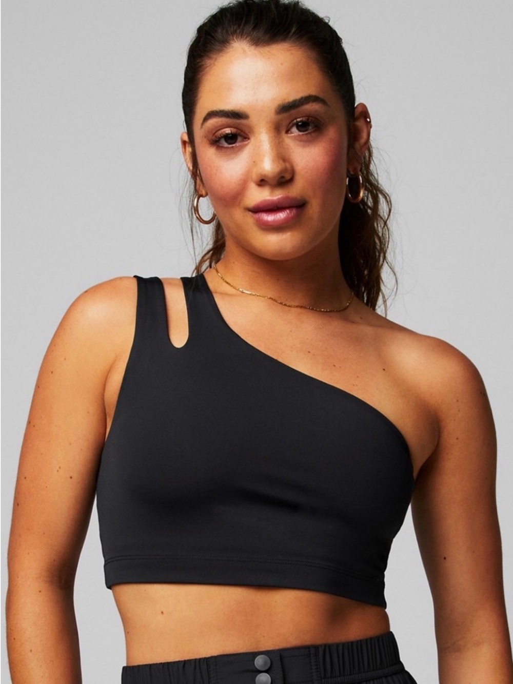 Fabletics Black asymmetrical Double Strap Midi Bra -One-Shoulder Sports Crop - M